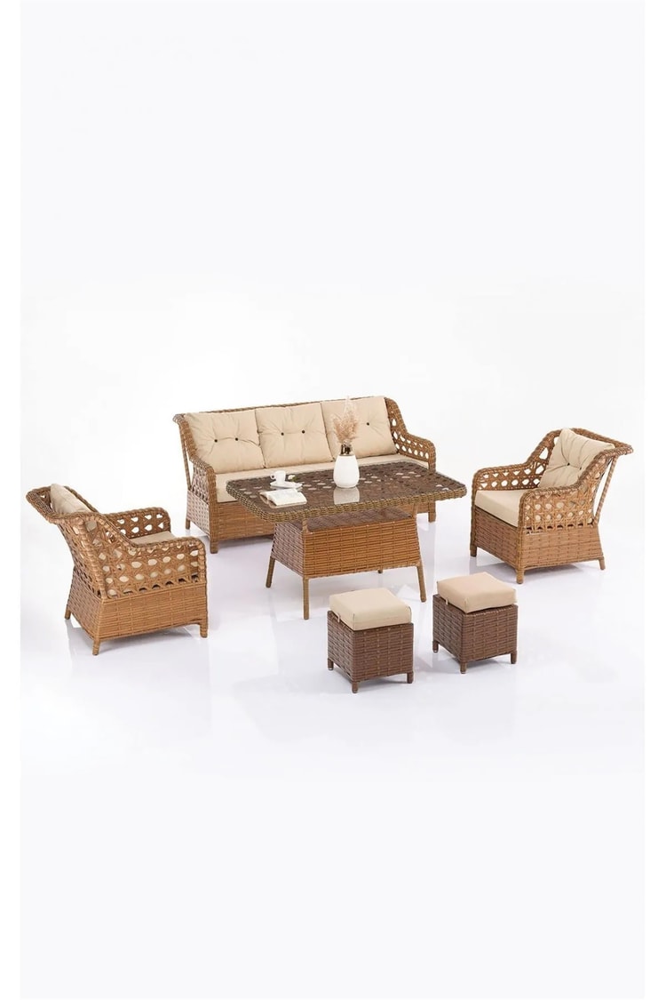 Evdemo Eren Rattan Puflu Bahçe Balkon Takımı 3+1+1 Kahve