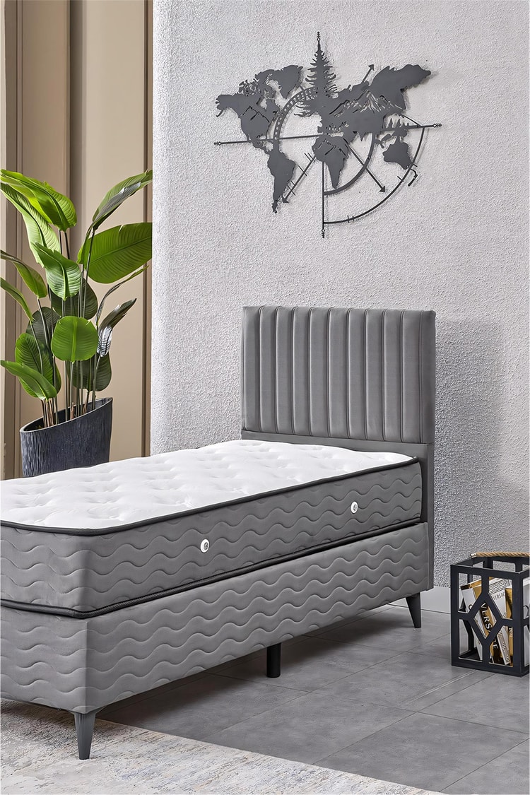 Evdemo Ezgi Tek Kişilik Baza Başlık Yatak Seti Gri 90*190