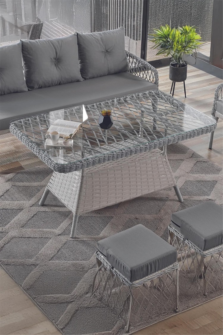 Evdemo Joy Rattan Puflu Bahçe Balkon Takımı 3+1+1+ Camlı Masa Kemik Rengi