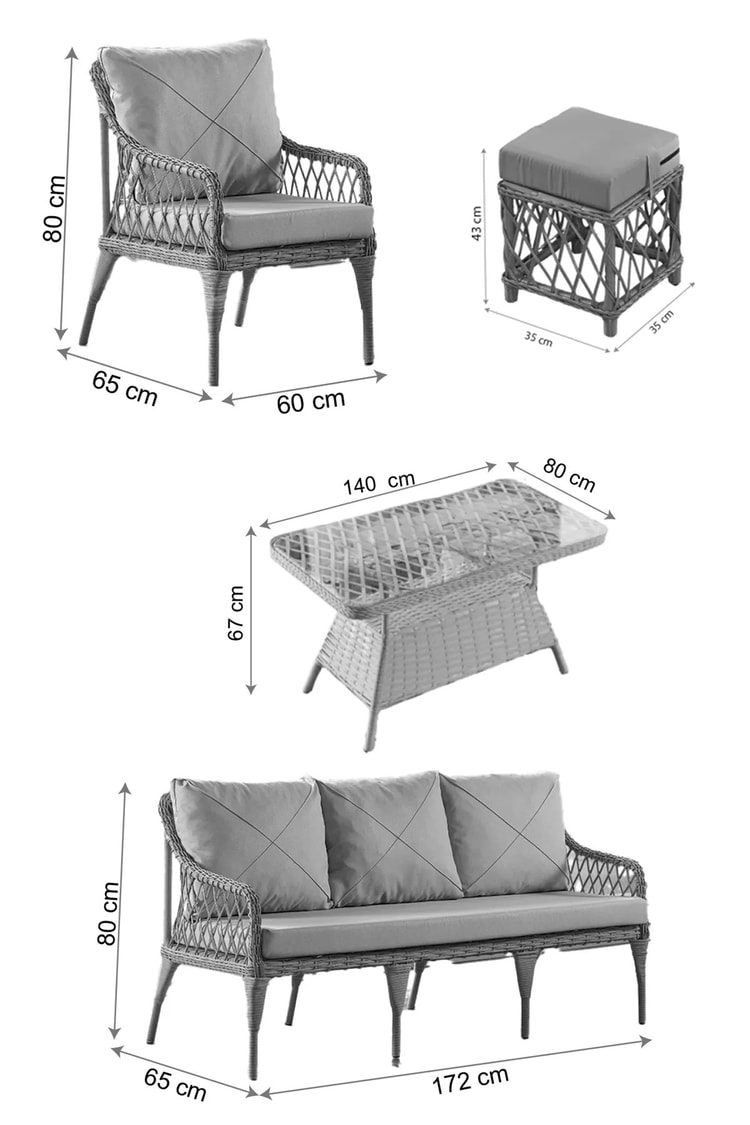 Evdemo Joy Rattan Puflu Bahçe Balkon Takımı 3+1+1+ Camlı Masa Kemik Rengi