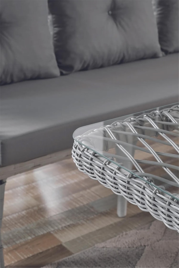 Evdemo Joy Rattan Puflu Bahçe Balkon Takımı 3+1+1+ Camlı Masa Kemik Rengi
