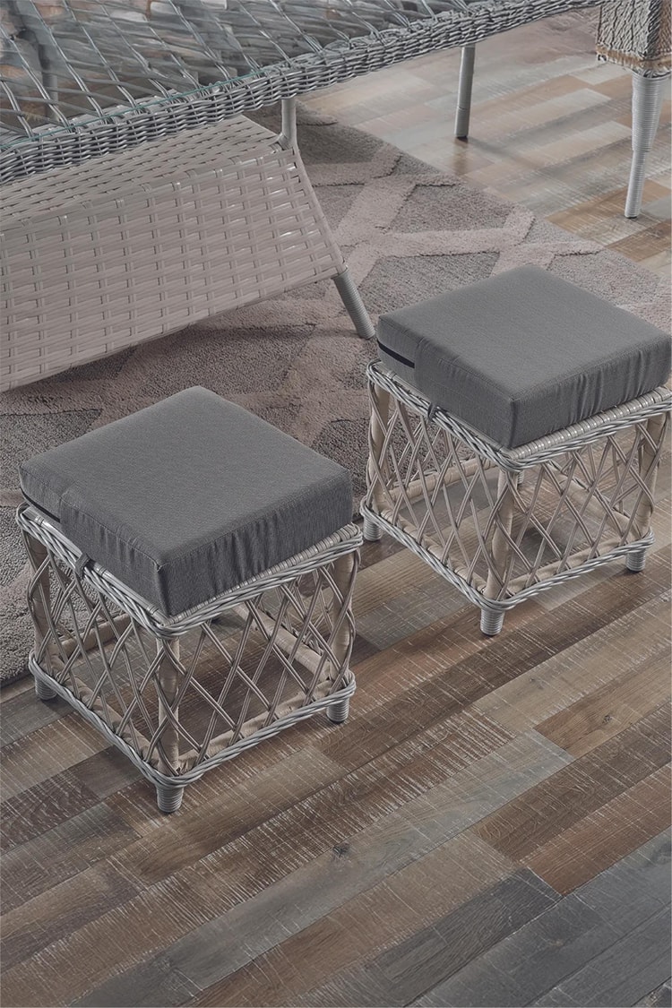Evdemo Joy Rattan Puflu Bahçe Balkon Takımı 3+1+1+ Camlı Masa Kemik Rengi