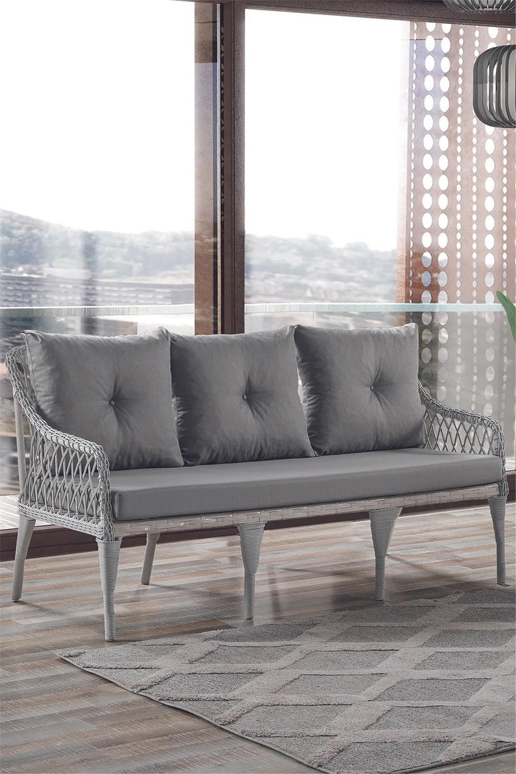 Evdemo Joy Rattan Puflu Bahçe Balkon Takımı 3+1+1+ Camlı Masa Kemik Rengi