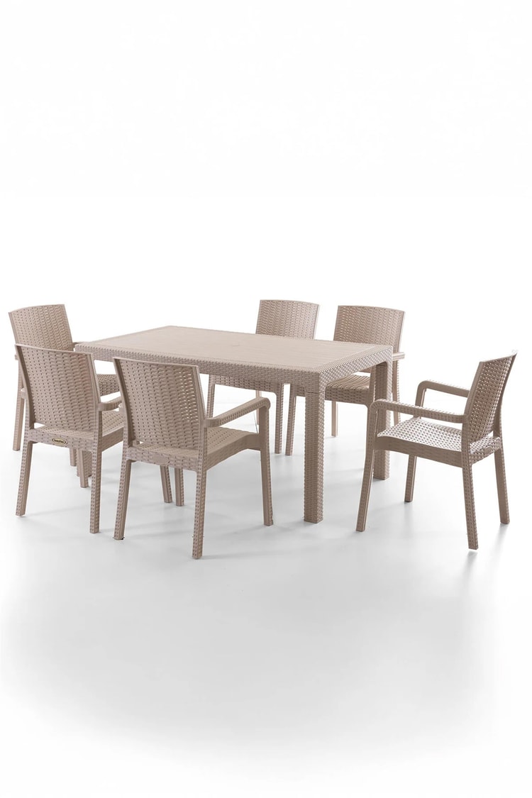 Evdemo King 6 Kişilik Rattan Masa Sandalye Takımı Cappuccino