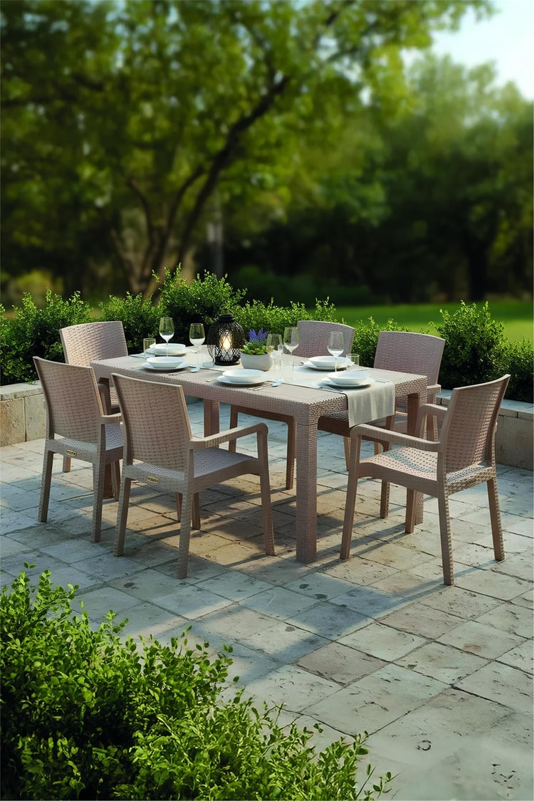 Evdemo King 6 Kişilik Rattan Masa Sandalye Takımı Cappuccino