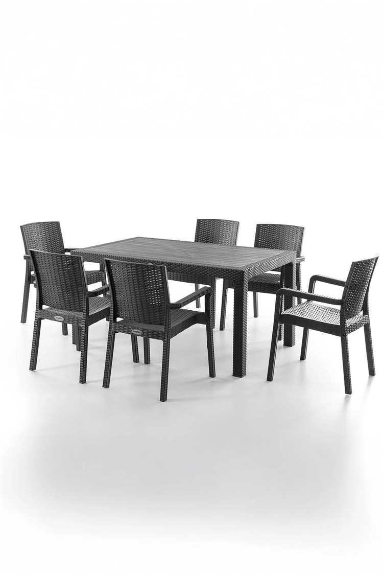 Evdemo King 6 Kişilik Rattan Masa Sandalye Takımı Siyah