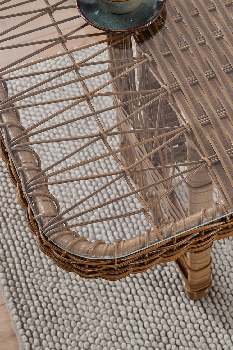 Evdemo Paris Rattan Puflu Bahçe Balkon Takımı 3+1+1 Cam Masalı Kahve