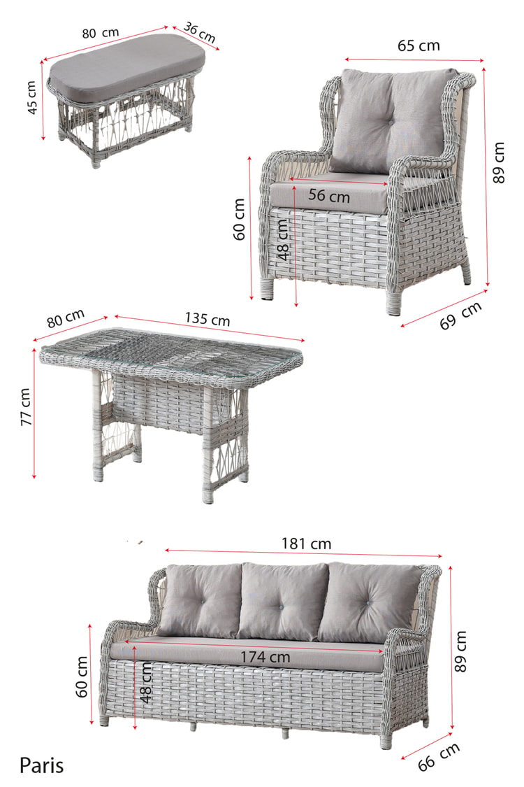 Evdemo Paris Rattan Puflu Bahçe Balkon Takımı 3+1+1 Cam Masalı Gri