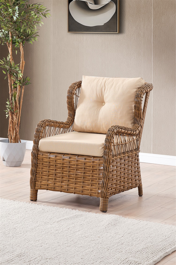 Evdemo Paris Rattan Puflu Bahçe Balkon Takımı 3+1+1 Cam Masalı Kahve