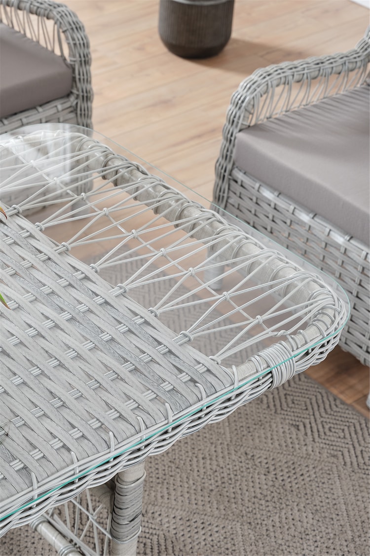 Evdemo Paris Rattan Puflu Bahçe Balkon Takımı 3+1+1 Cam Masalı Gri