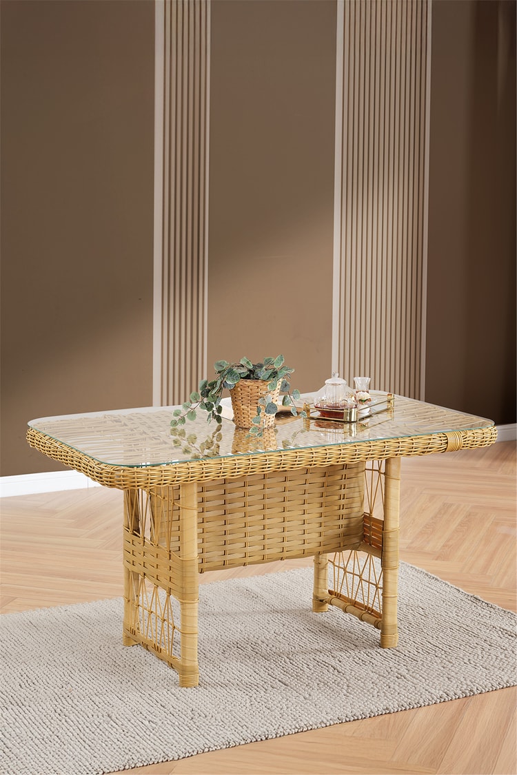 Evdemo Paris Rattan Puflu Bahçe Balkon Takımı 3+1+1 Cam Masalı Cappuccino