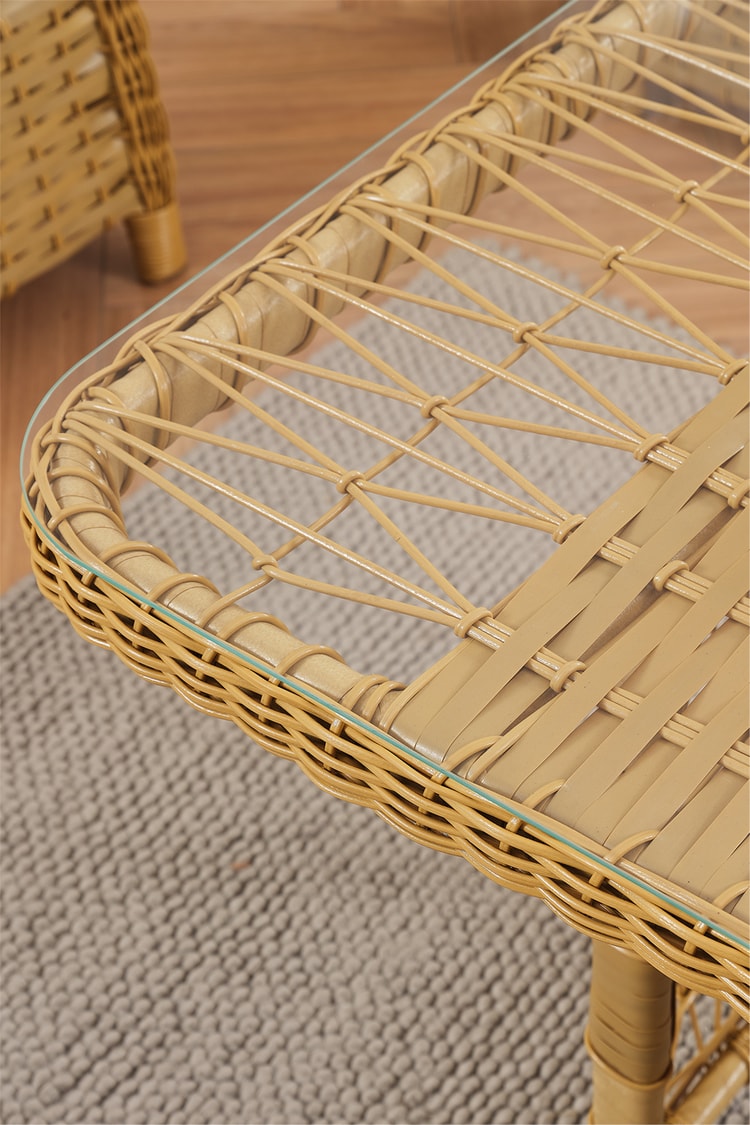 Evdemo Paris Rattan Puflu Bahçe Balkon Takımı 3+1+1 Cam Masalı Cappuccino