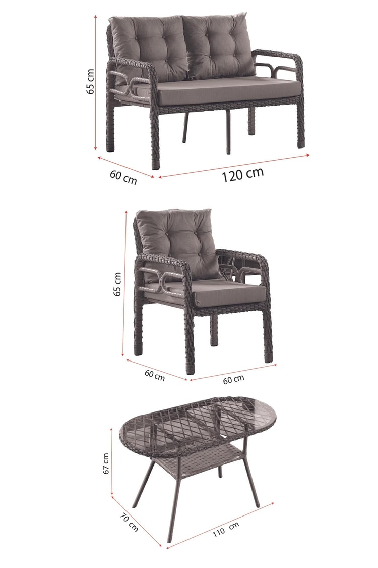 Evdemo Rio Rattan Bahçe Balkon Oturma Takımı 2+1+1+Camlı Masa Gri