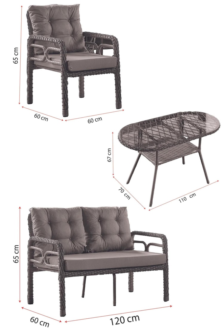 Evdemo Rio Rattan Bahçe Balkon Oturma Takımı 2+1+1+Camlı Masa Kemik Rengi