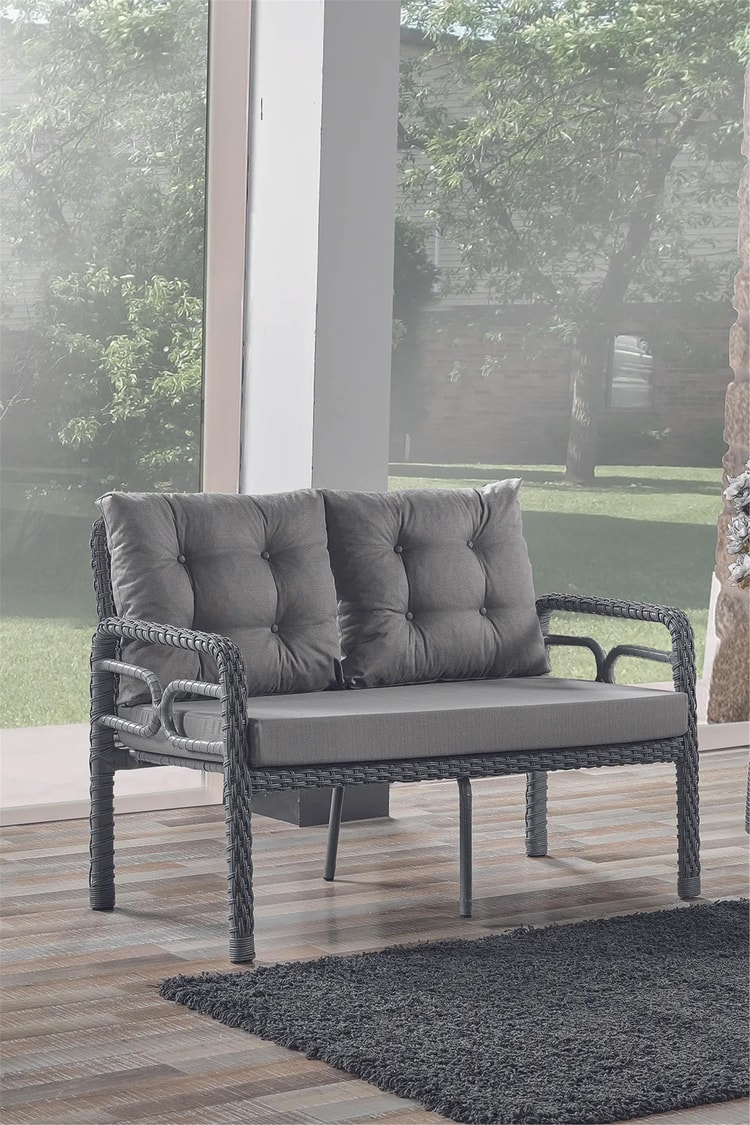 Evdemo Rio Rattan Bahçe Balkon Oturma Takımı 2+1+1+Camlı Masa Gri