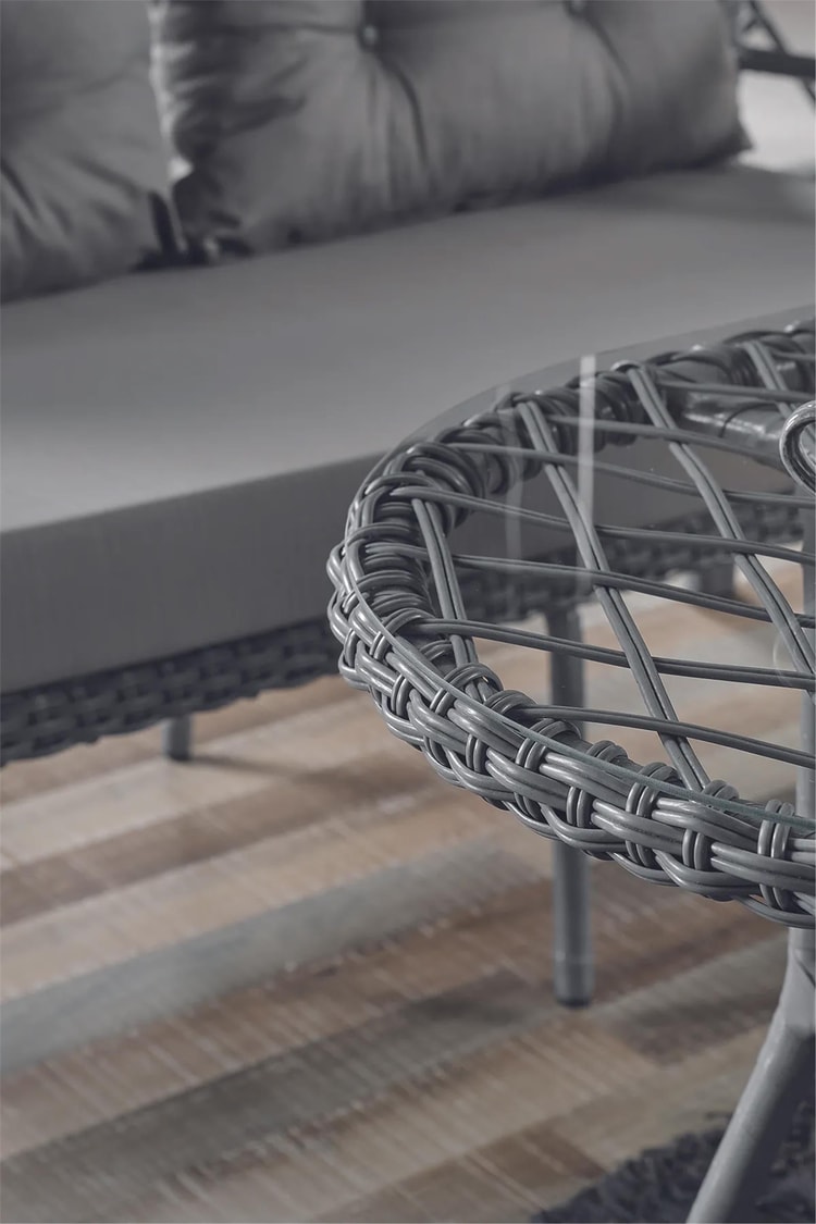 Evdemo Rio Rattan Bahçe Balkon Oturma Takımı 2+1+1+Camlı Masa Gri