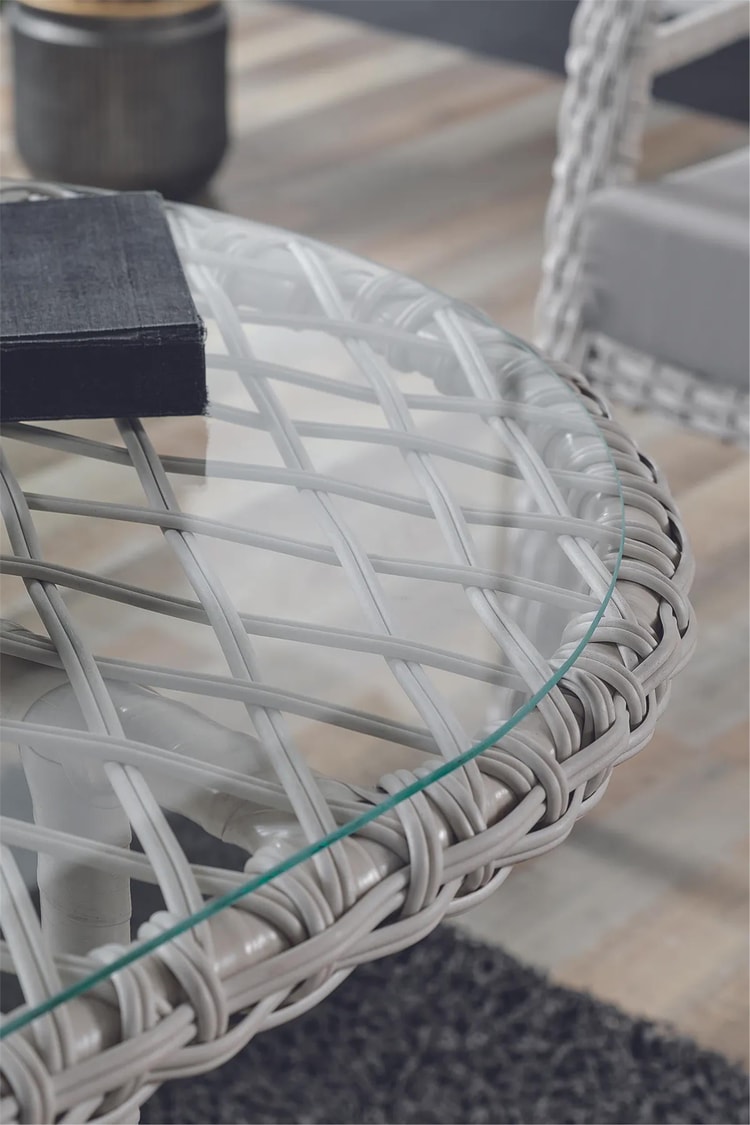 Evdemo Rio Rattan Bahçe Balkon Oturma Takımı 2+1+1+Camlı Masa Kemik Rengi