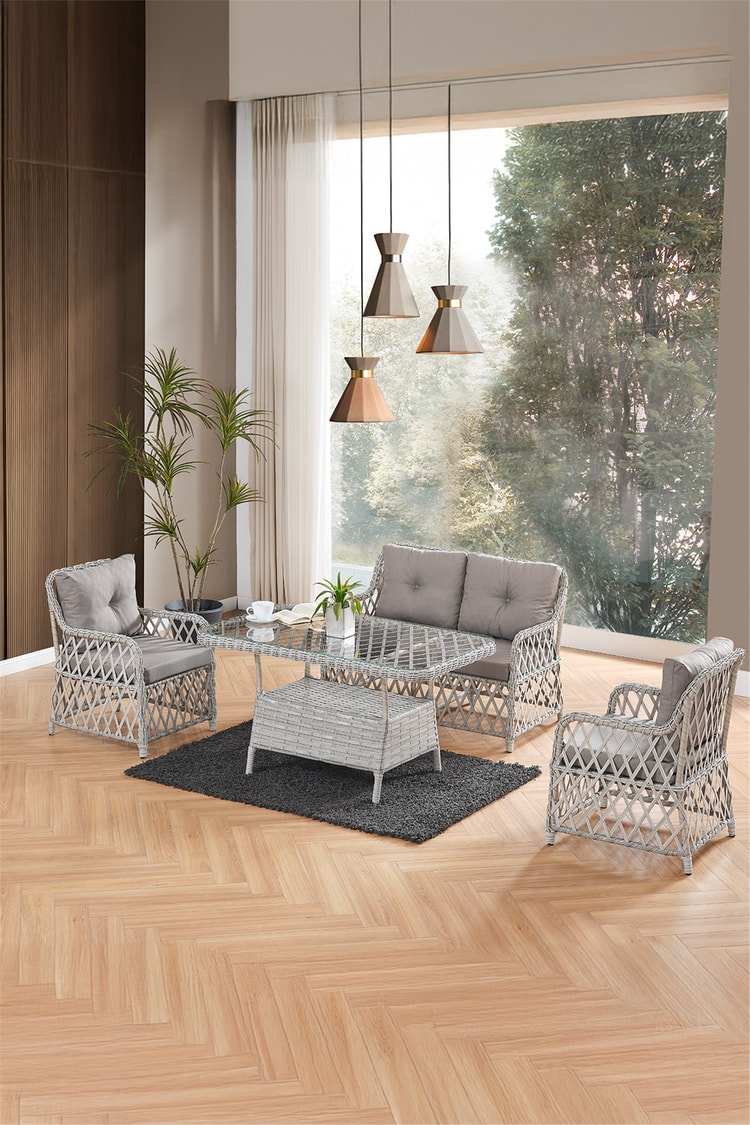 Evdemo Roma Rattan Bahçe Balkon Takımı 2+1+1 Cam Masalı Gri