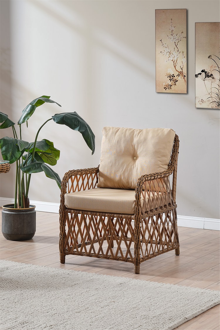 Evdemo Roma Rattan Bahçe Balkon Takımı 2+1+1 Cam Masalı Kahve