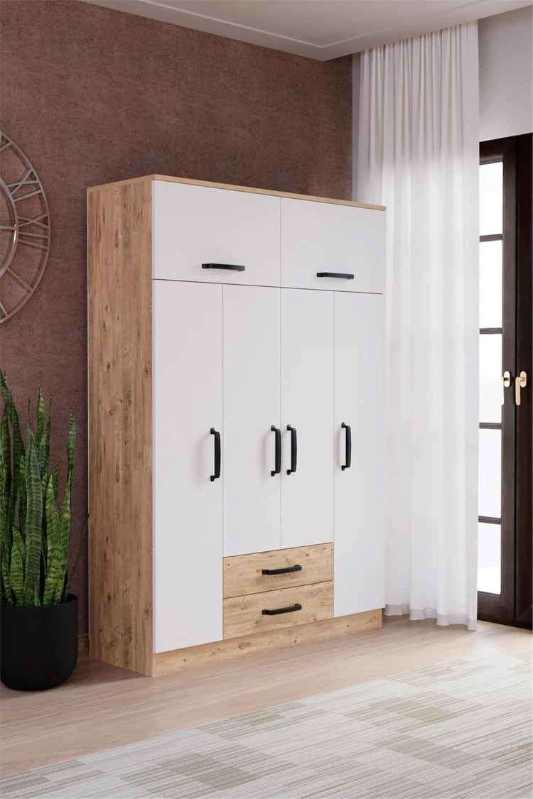 Evdemo Tema 6 Kapak 2 Çekmeceli Gardırop Atlantik Çam Beyaz