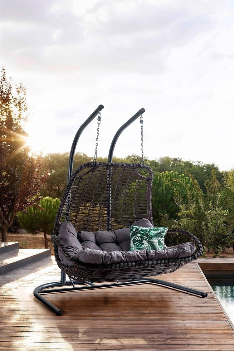 Eymense Komfor Çift Kişilik Rattan Salıncak Kahve Gri Oturum Rattan