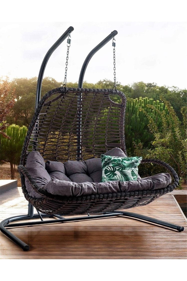 Eymense Komfor Çift Kişilik Rattan Salıncak Kahve Gri Oturum Rattan