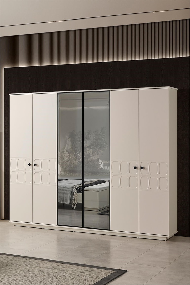 Eymense Petek Modern 6 Kapaklı Gardırop Dolap Krem
