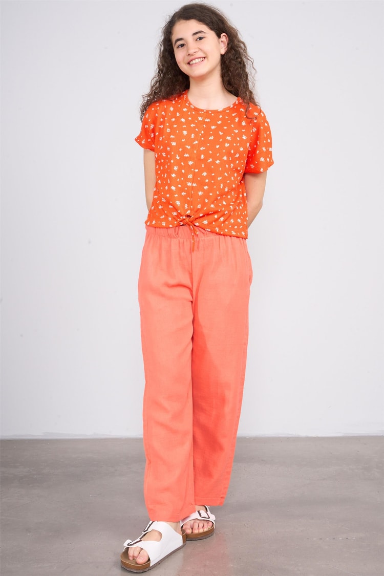 Fit Club 31209 Kız Çocuk Bisiklet Yaka Bürümcük Crop T-shirt 4-12 Yaş Oranj Üzeri Çıtır Çiçekler
