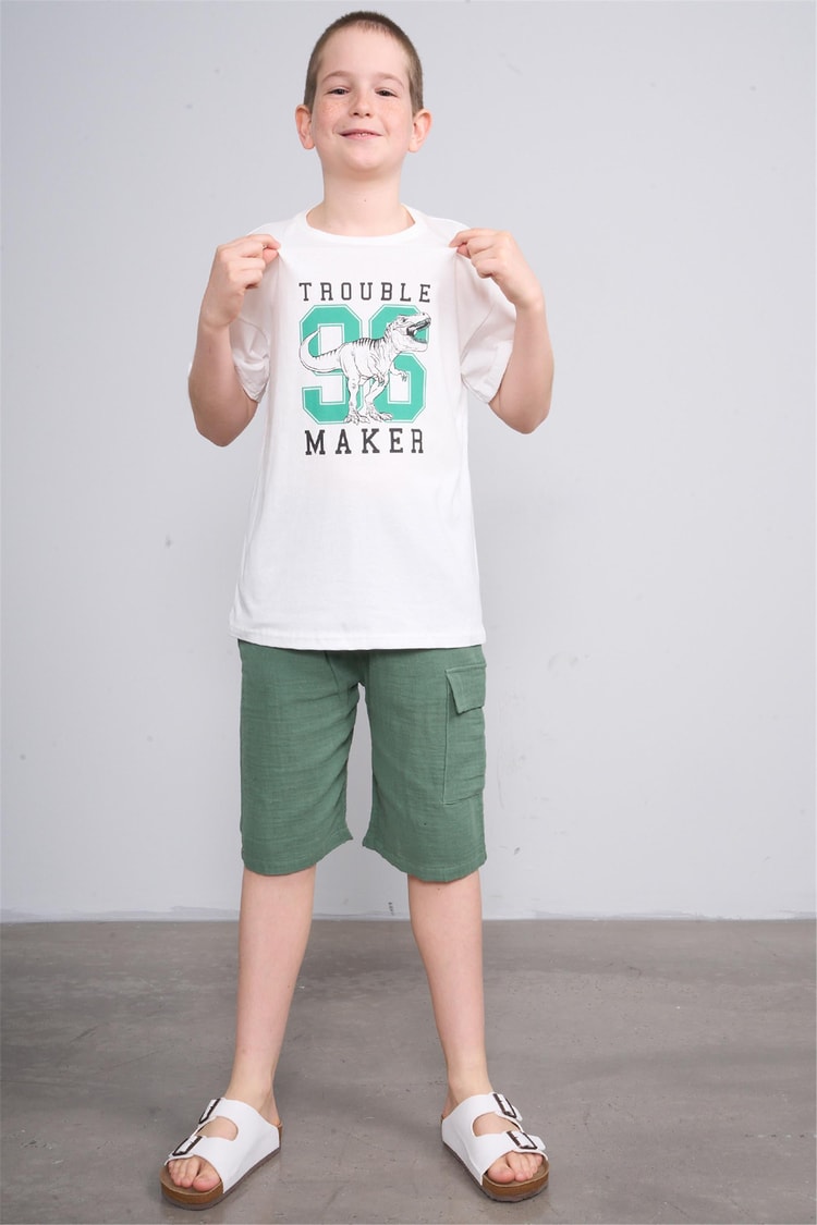 Fit Club 32358 Erkek Çocuk Bisiklet Yaka Openend Baskılı T-shirt 4-12 Yaş Ekru