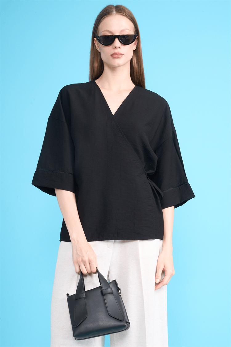Fithit 5327 Kadın Kruvaze Yaka Kimono Siyah
