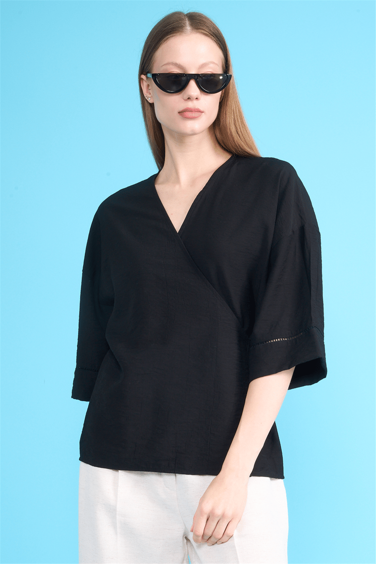Fithit 5327 Kadın Kruvaze Yaka Kimono Siyah