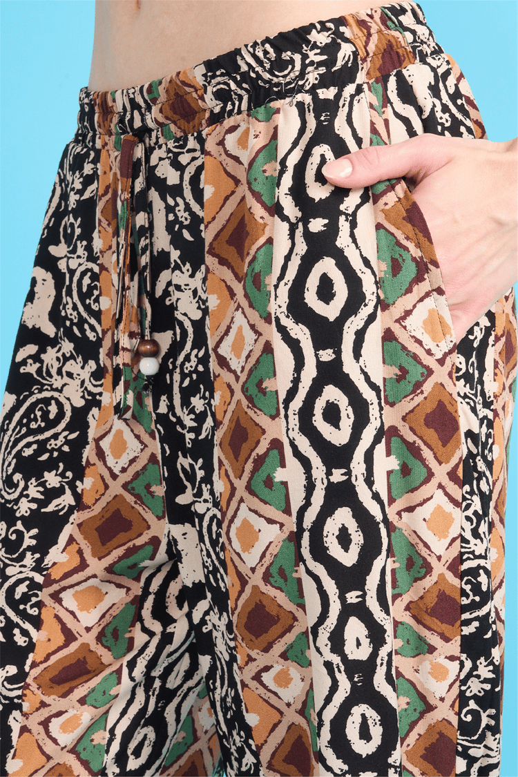 Fithit 7030 Bayan Viskon Dar Paça Pantolon Renkli Kilim Desen