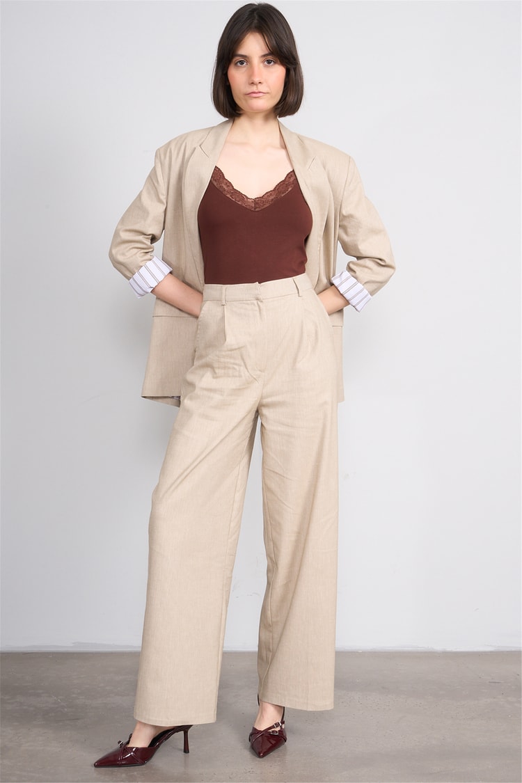 Fithit 7097 Bayan Loose Fit Geniş Paça Pantolon Bej