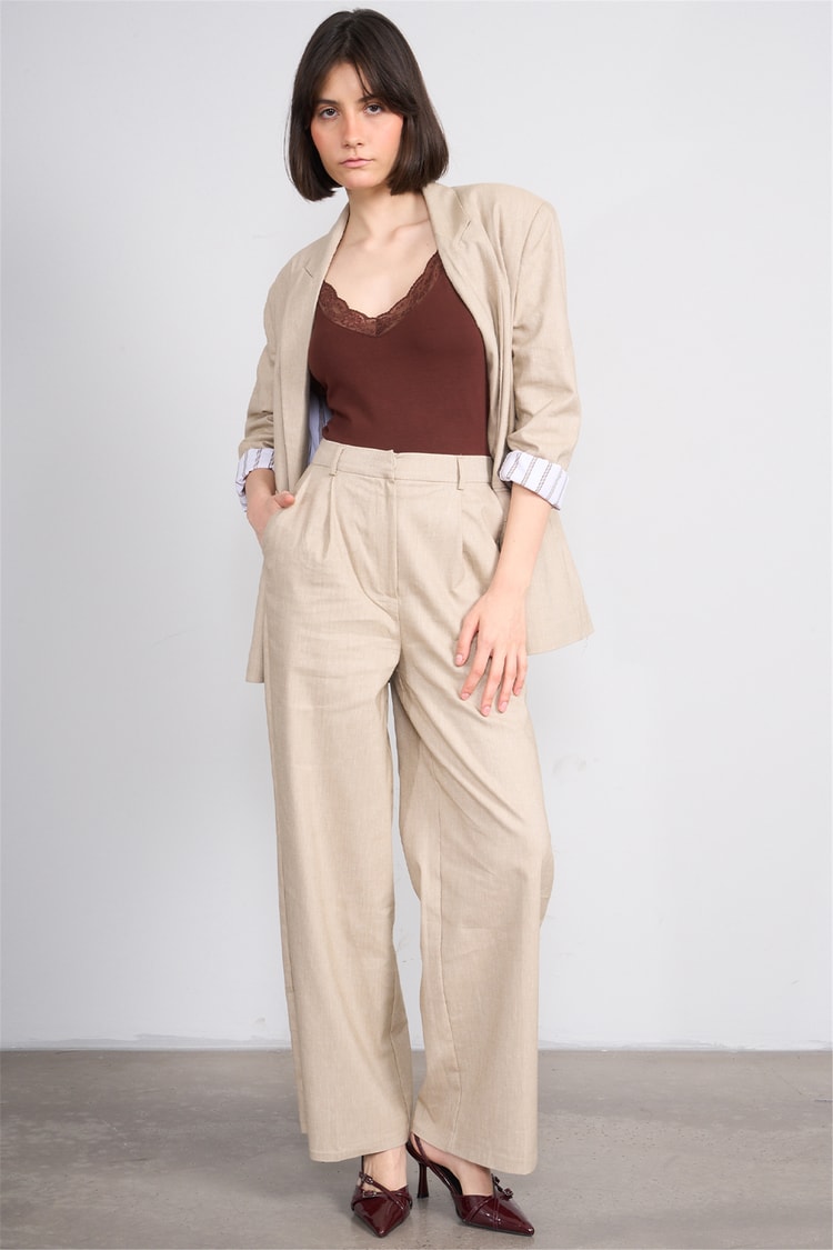 Fithit 7097 Bayan Loose Fit Geniş Paça Pantolon Bej