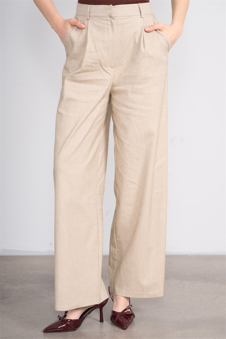 Fithit 7097 Bayan Loose Fit Geniş Paça Pantolon Bej