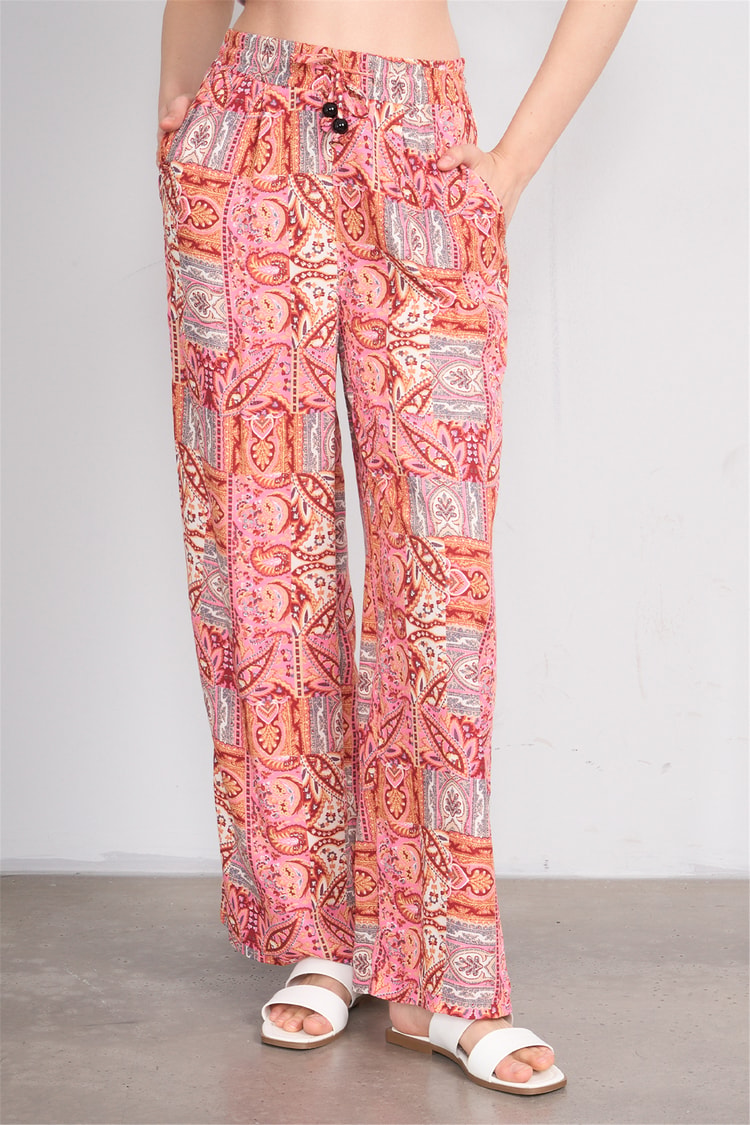 Fithit 7454 Bayan Viskon Geniş Paça Pantolon Romantik Patchwork Desen