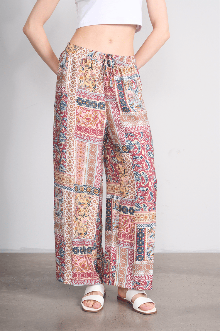 Fithit 7496 Bayan Viskon Geniş Paça Pantolon Patchwork Desen