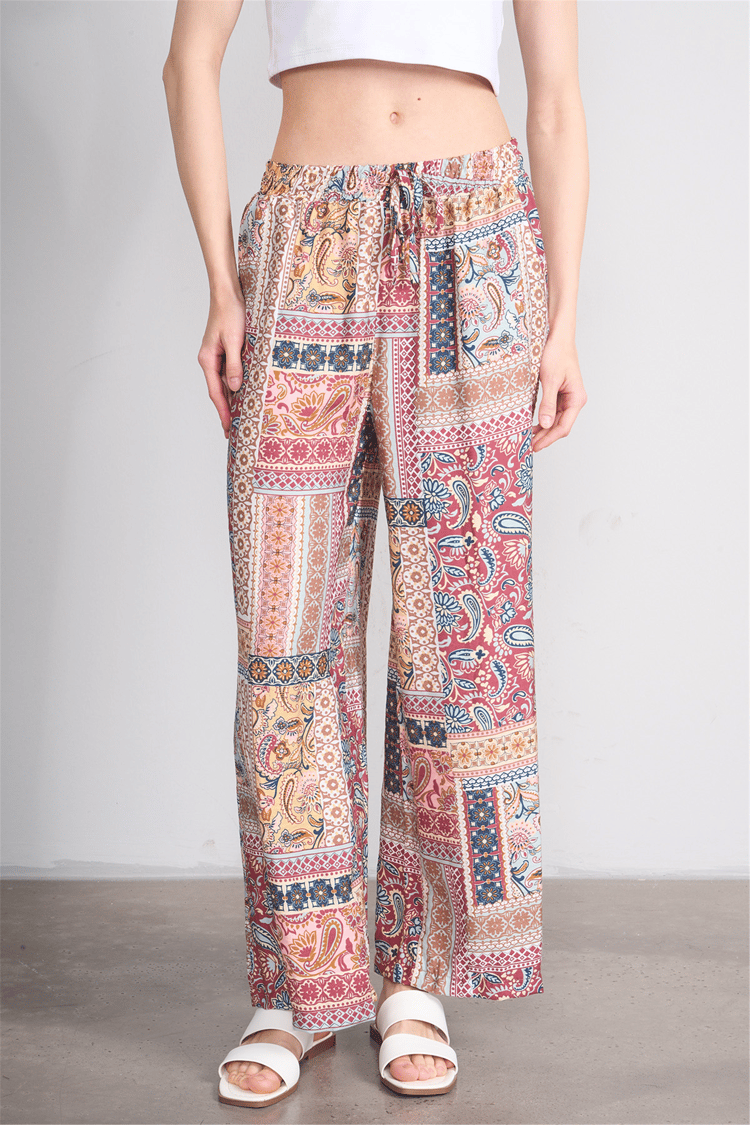 Fithit 7496 Bayan Viskon Geniş Paça Pantolon Patchwork Desen
