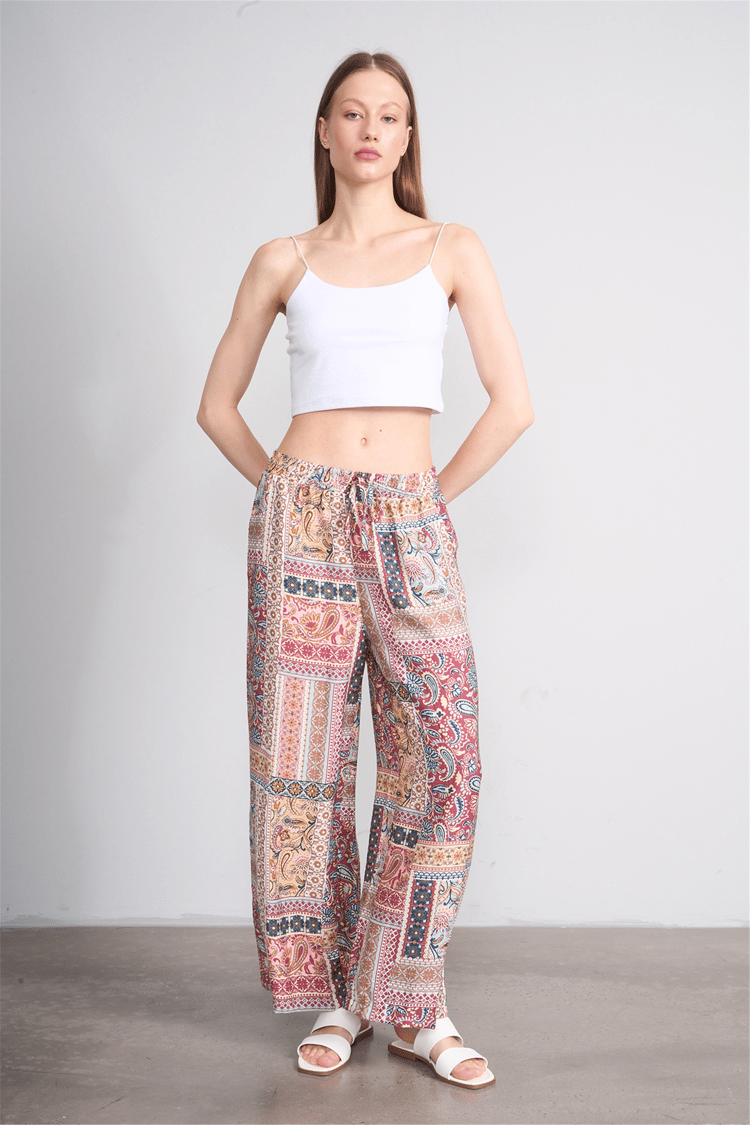 Fithit 7496 Bayan Viskon Geniş Paça Pantolon Patchwork Desen