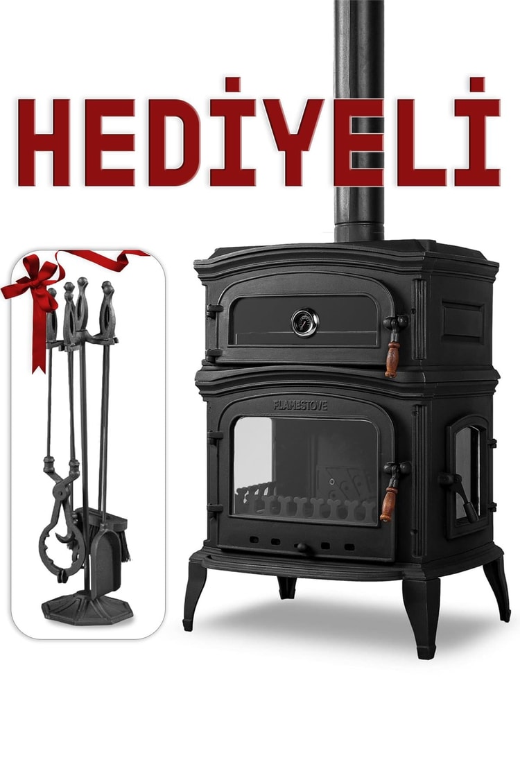 FLAME STOVE Altara 3 Camlı Yan Kapaklı Fırınlı Döküm Şömine Soba (34YK)