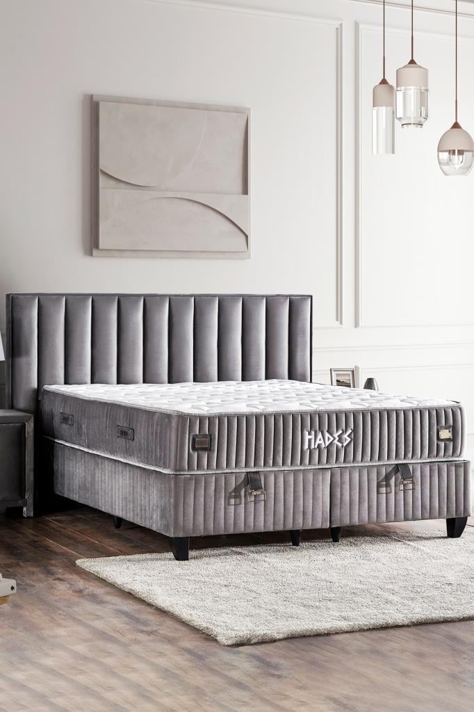 Hades Yatak Baza ve Başlık Seti 180x200 cm Çift Kişilik Paket Yaylı Lüks Yatak Koyu Gri Baza Başlık