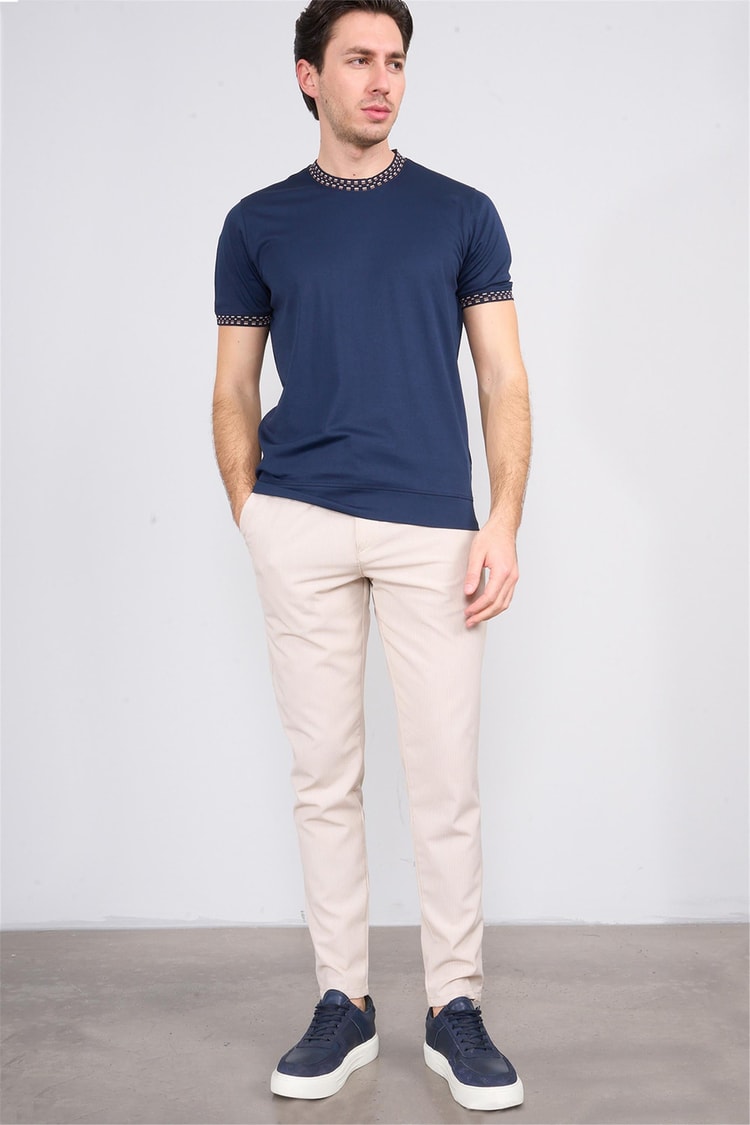 Halifaks Lacivert Erkek 12651 Trikolu Bısıklet Yaka Kısa Kol Etek Ribana Interlok T-Shirt