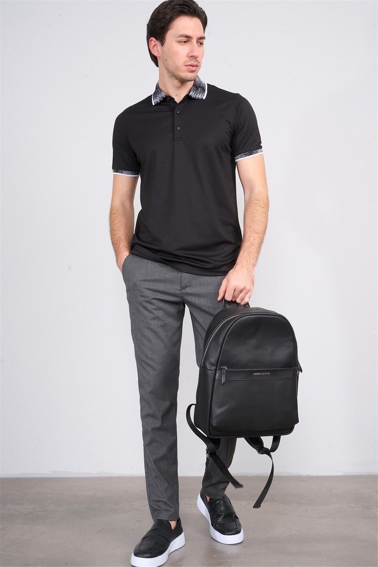 Halifaks Siyah Erkek 12633 Düğmelı Kuşaklı Polo Kısa Kol Etek Recme T-Shirt