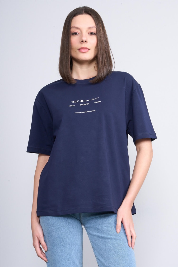 Helly Mb-5832 Lacıvert Kadın Yazılı T-Shırt