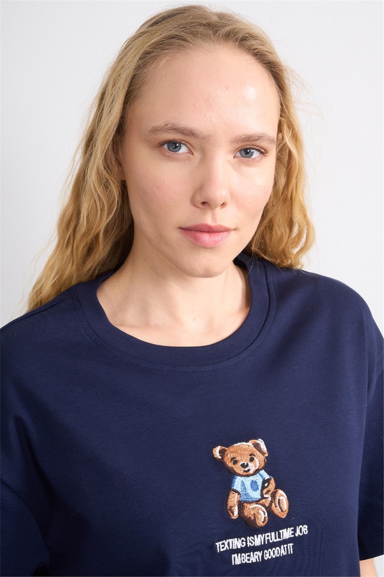Helly Y25 Mb-5632 Lacivert Kadın Ayıcıklı T-Shirt