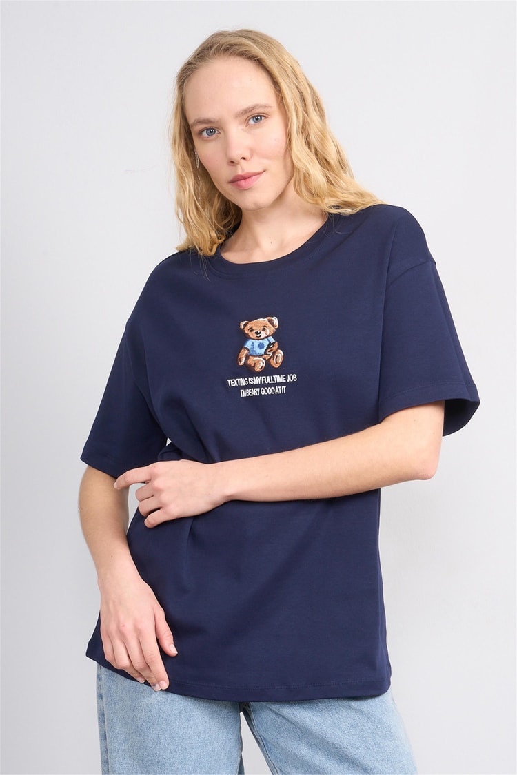 Helly Y25 Mb-5632 Lacivert Kadın Ayıcıklı T-Shirt