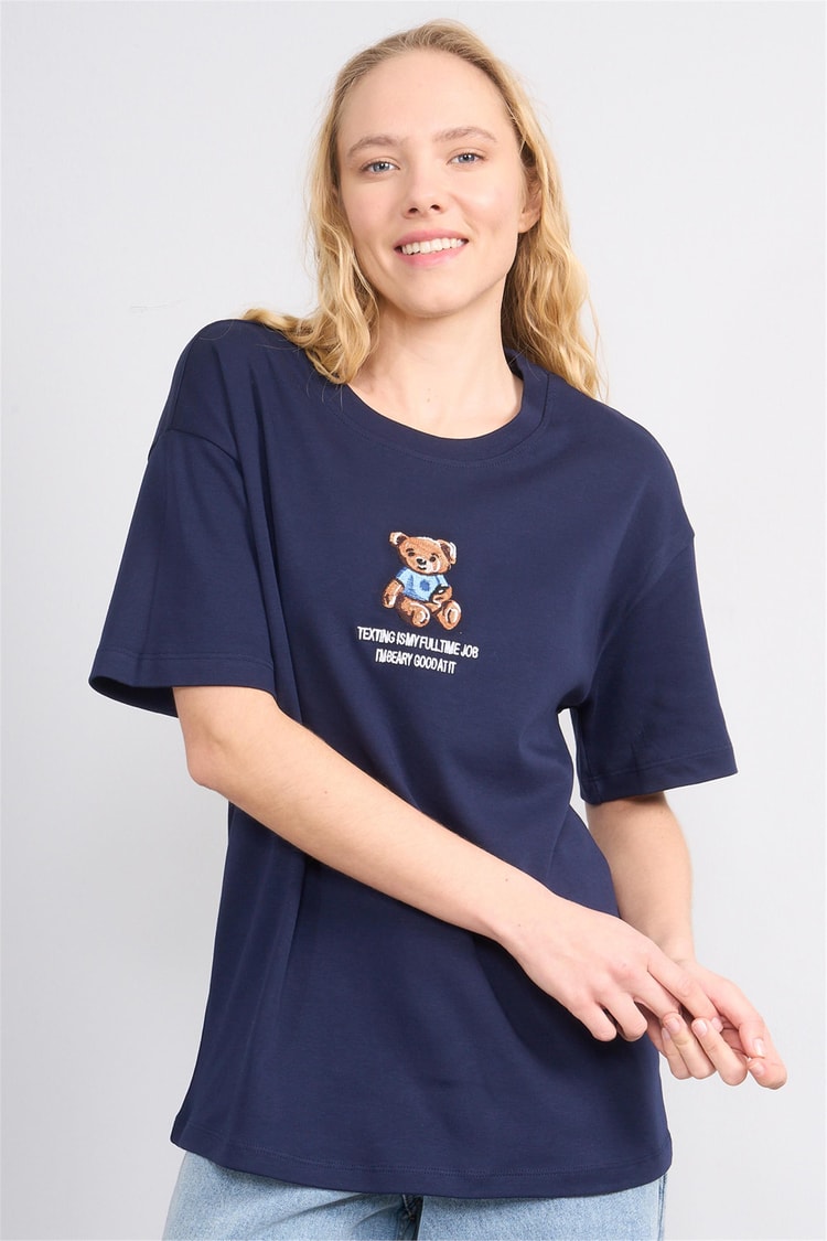 Helly Y25 Mb-5632 Lacivert Kadın Ayıcıklı T-Shirt