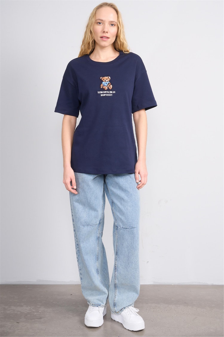 Helly Y25 Mb-5632 Lacivert Kadın Ayıcıklı T-Shirt