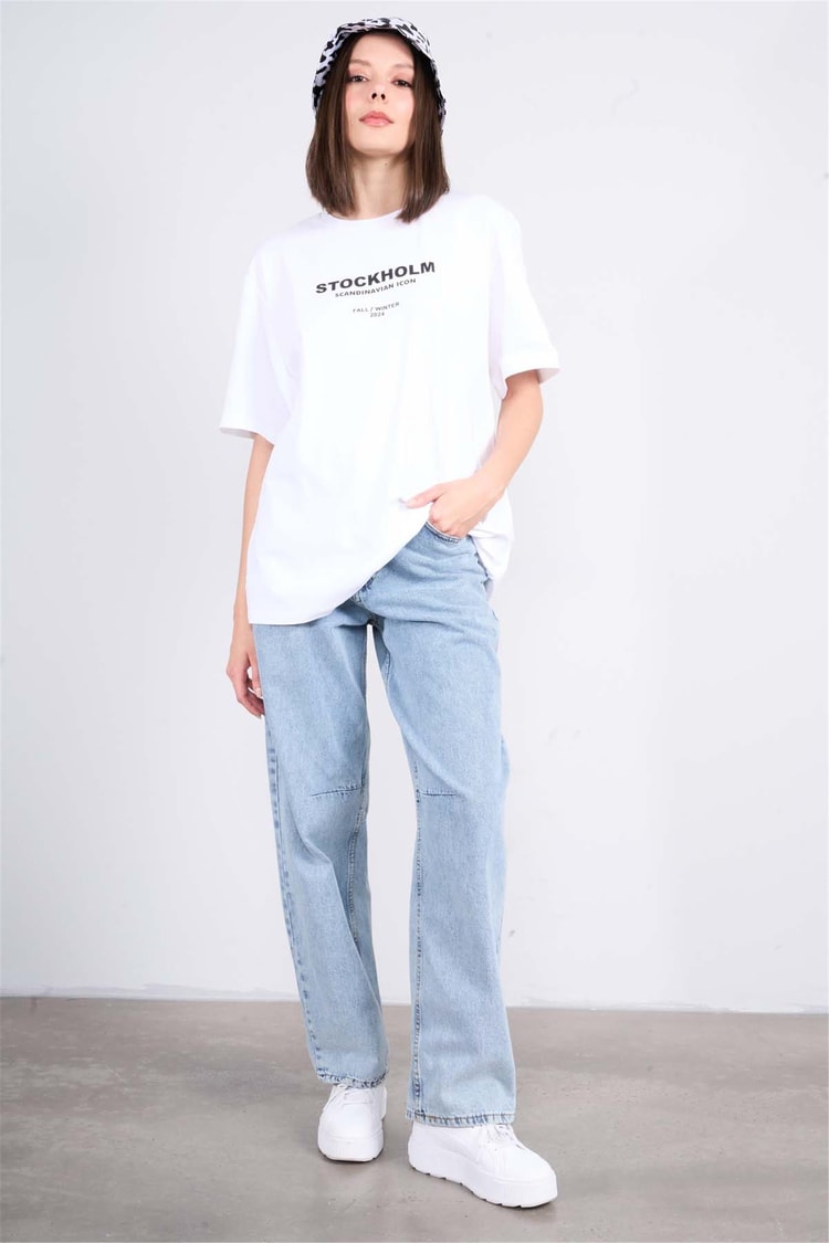 Helly Y25 Mb-6059 Beyaz Kadın Newyork Yazı Baskılı Bıyelı T-Shirt