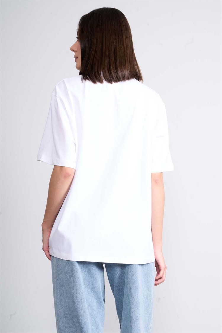 Helly Y25 Mb-6059 Beyaz Kadın Newyork Yazı Baskılı Bıyelı T-Shirt